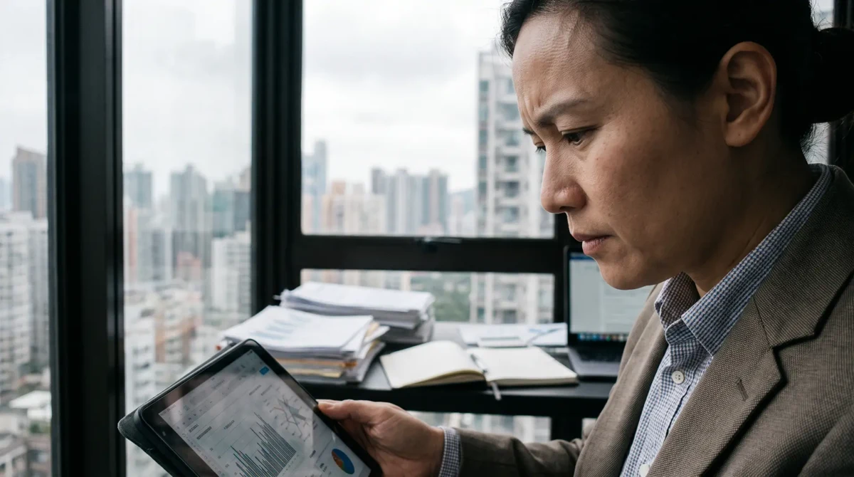 Privacy professional reviewing operational data on a tablet in a city office
